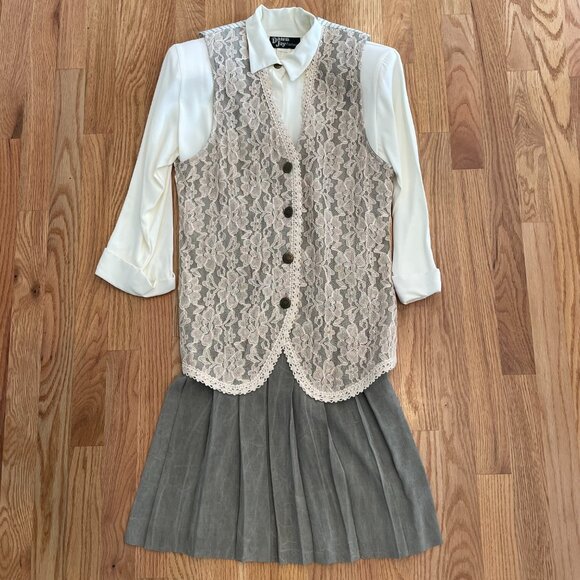 Vtg 90s Dawn Joy Floral Lace Vest Dress Set Sage Green Cream Size 6 Cottagecore - Picture 5 of 16